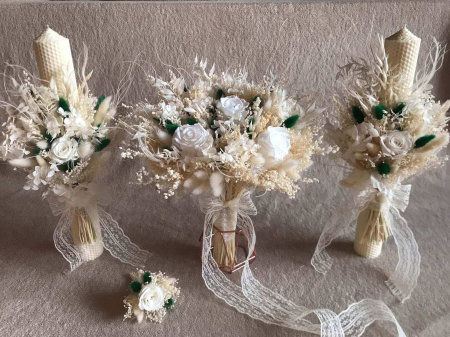 Lumanari Nunta/Botez din flori uscate naturale - Pachet lumanari nunta + Buchet mireasa