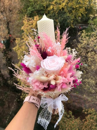 Pachet lumanari fagure pentru nunta, buchet flori mireasa si cocarda ginere [1]