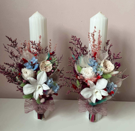 Lumanari Nunta/Botez din flori uscate naturale - Lumânări Flowers lucrate cu flori uscate, bujor, trandafir și orhidee criogenata