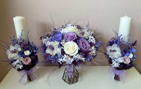 Lumanari Nunta/Botez din flori uscate naturale - Pachet lumanari nunta + Buchet mireasa