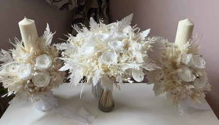 Lumanari Nunta/Botez din flori uscate naturale - Pachet lumanari nunta + Buchet mireasa