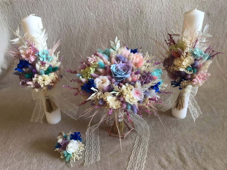 Lumanari Nunta/Botez din flori uscate naturale - Pachet lumanari nunta + Buchet mireasa