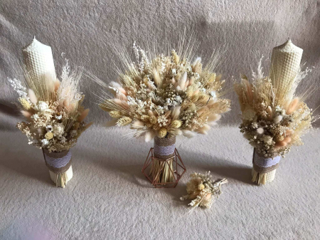 Lumanari Nunta/Botez din flori uscate naturale - Pachet lumanari nunta + Buchet mireasa