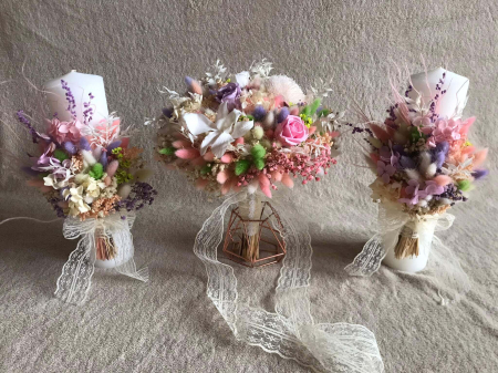 Lumanari Nunta/Botez din flori uscate naturale - Pachet nunta (Lumanari nunta si buchet flori mireasa)