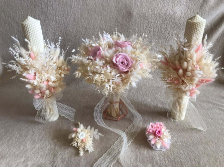 Lumanari Nunta/Botez din flori uscate naturale - Pachet lumanari fagure pentru nunta, buchet flori mireasa, bratara si cocarda ginere
