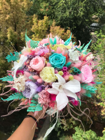 Buchete din flori naturale uscate si stabilizate - Buchet flori multicolor cu orhidee