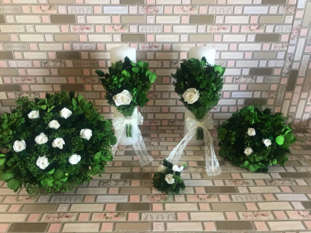 Lumanari Nunta/Botez din flori uscate naturale - Pachet lumanari nunta + Buchet mireasa+ buchet de aruncat