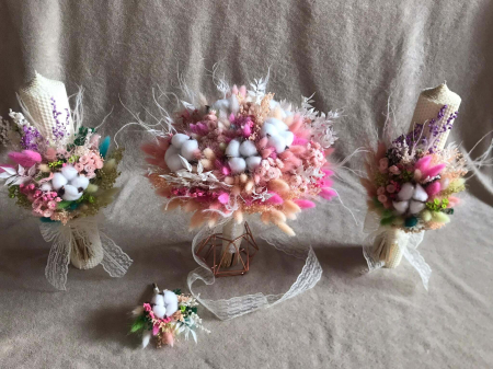 Lumanari Nunta/Botez din flori uscate naturale - Pachet lumanari nunta + Buchet mireasa