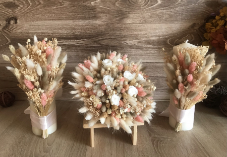 Lumanari Nunta/Botez din flori uscate naturale - Pachet lumanari nunta + Buchet mireasa