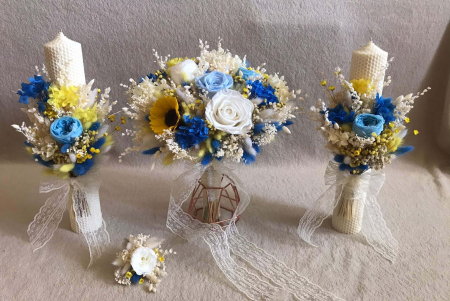 Lumanari Nunta/Botez din flori uscate naturale - Pachet nunta (Lumanari nunta si buchet flori mireasa)