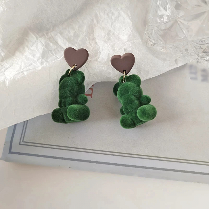 Green Flocking Bear Earrings [2]