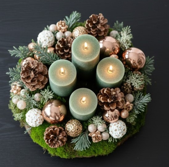 Armonia Naturii Iarna – Decoratiune pe suport din lemn, cu lumânări verzi și accente aurii [2]