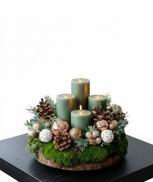 Armonia Naturii Iarna – Decoratiune pe suport din lemn, cu lumânări verzi și accente aurii [3]