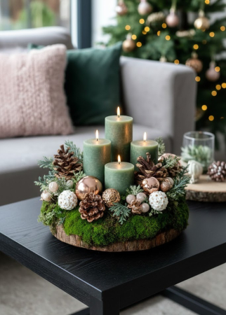 CRACIUN - Armonia Naturii Iarna – Decoratiune pe suport din lemn, cu lumânări verzi și accente aurii