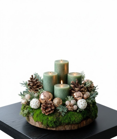 Armonia Naturii Iarna – Decoratiune pe suport din lemn, cu lumânări verzi și accente aurii [2]