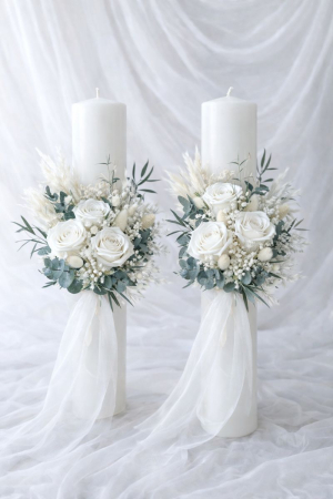 LUMANARI CUNUNIE - LUMANARI CUNUNIE ”DUO SERENITY WHITE” CU TRANDAFIRI CRIOGENATI SI EUCALIPT