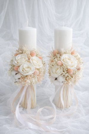 LUMANARI CUNUNIE - LUMANARI CUNUNIE ”ELEGANCE PEACH” CU TRANDAFIRI CRIOGENATI SI EUCALIPT