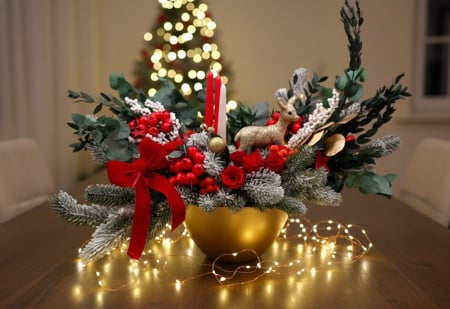 CRACIUN - Magic Golden  Red - Decoratiune Craciun pentru masa cu plante naturale stabilizate