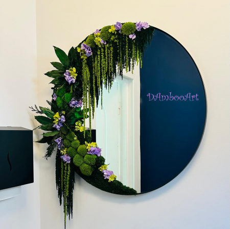 PROIECTE PERSONALIZATE - OGLINDA ROTUNDA DECORATA CU MUSCHI, PLANTE NATURALE STABILIZATE SI HORTENSII - PURPLE & GREEN