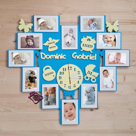 Botez - Tablou cu Datele Nașterii și 12 Fotografii Bebe,Primul An