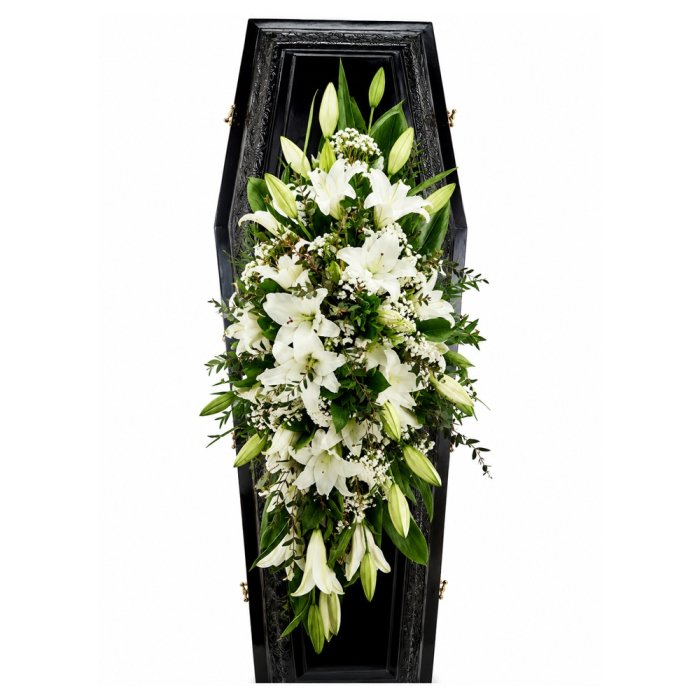 Capac Sicriu Premium cu Crini Albi – Livrare Funerară Iași [5]