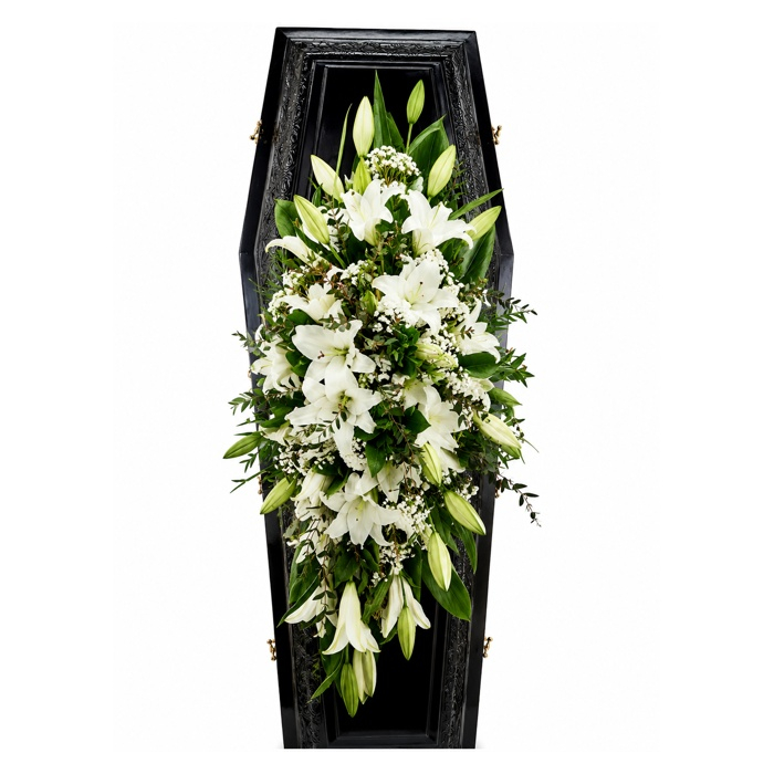 Capac Sicriu Premium cu Crini Albi – Livrare Funerară Iași [2]