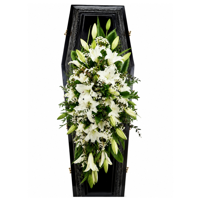 Capac Sicriu Premium cu Crini Albi – Livrare Funerară Iași [4]