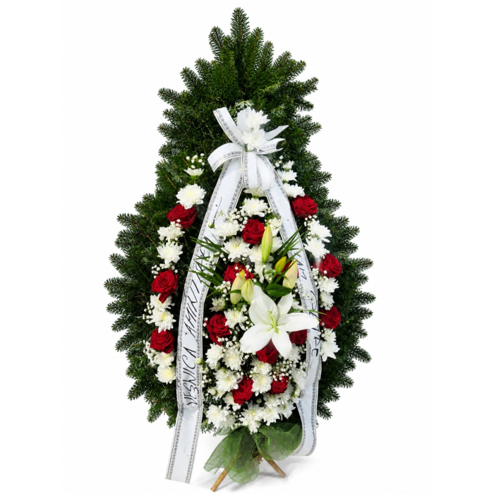 Coroană funerară lacrimă roșu alb cu trandafiri și crizanteme – livrare Iași [2]