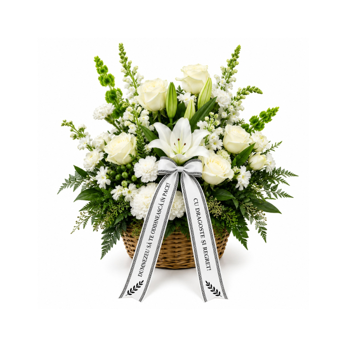 Coș Funerar Pure White cu Trandafiri și Crini Albi – Iași [3]