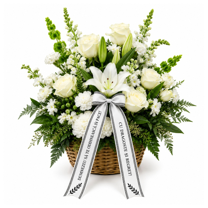 Coș Funerar Pure White cu Trandafiri și Crini Albi – Iași [5]