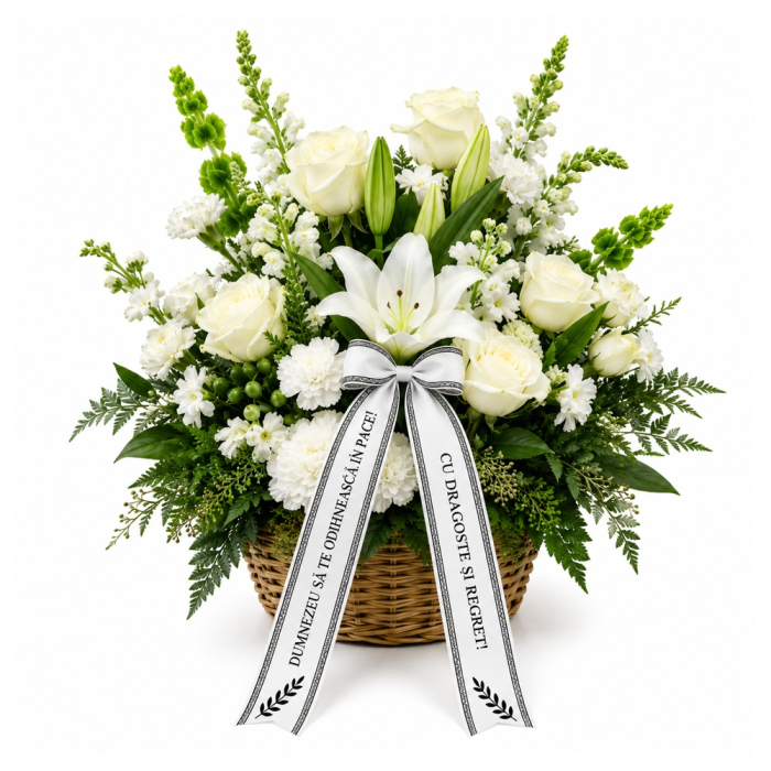 Coș Funerar Pure White cu Trandafiri și Crini Albi – Iași [4]