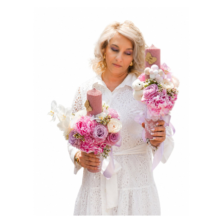 Lumanari botez - Lumânări botez Iași flori naturale roz bujori și trandafiri premium