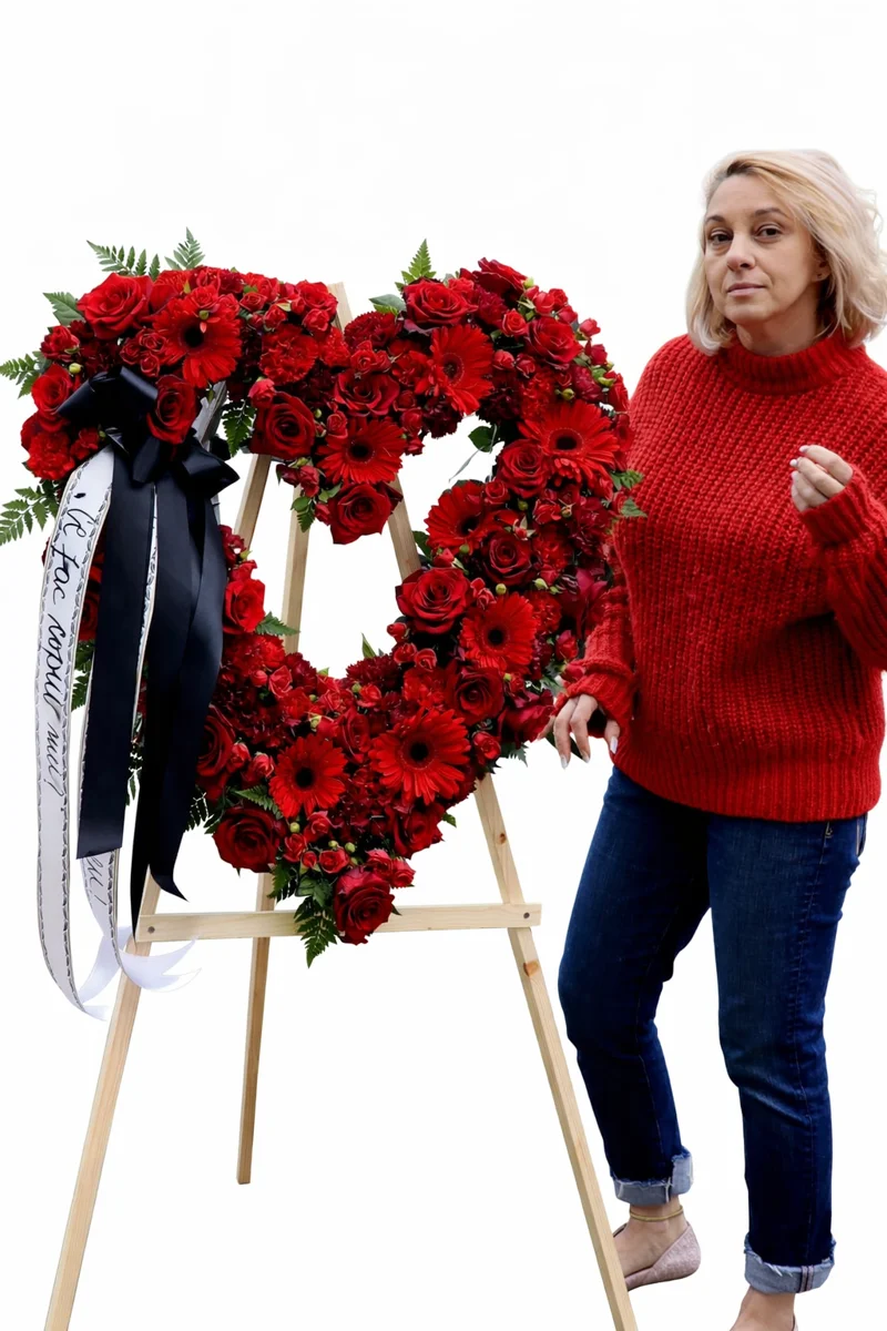 Coroane funerare Bucium - Coroană funerară inimă 80 cm „Dragoste Eternă”, realizată din trandafiri roșii premium și flori naturale proaspete. Model elegant și emoționant, ideal pentru ceremonii funerare, cu livrare rapidă în Iași la capelă sau cimitir.