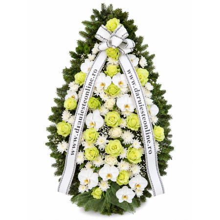 Coroană funerară bărbați Iași din brad natural cu trandafiri verzi și orhidee premium [1]