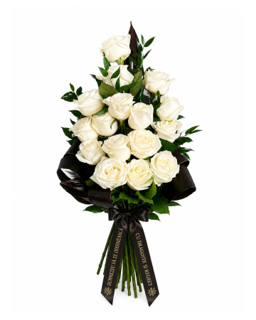 Aranjamente Funerare Iași - Buchet Funerar Alb Premium Iași | Trandafiri Naturali cu Panglică Funerară