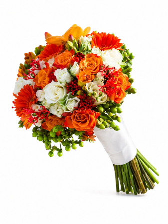 Produse - Buchet mireasa trandafiri miniroze si hipericum