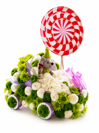 Produse - cadou botez carucior din flori naturale iasi aranjament floral bebelusi