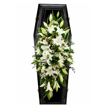 Capac Sicriu Premium cu Crini Albi – Livrare Funerară Iași [1]