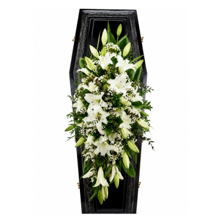Aranjamente Funerare Iași - Capac Sicriu Premium cu Crini Albi – Livrare Funerară Iași