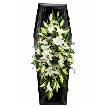 Capac Sicriu Premium cu Crini Albi – Livrare Funerară Iași [2]