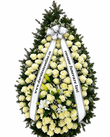 Coroane funerare Bârnova - Coroană funerară mare 2 metri cu 100 trandafiri albi – livrare Iași