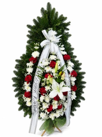Funerare - Coroană funerară lacrimă roșu alb cu trandafiri și crizanteme – livrare Iași