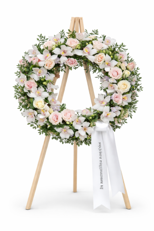 Funerare - Coroana funerara rotunda compusa din trandafiri si orhidee