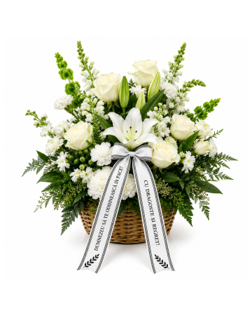 Coș Funerar Pure White cu Trandafiri și Crini Albi – Iași [1]