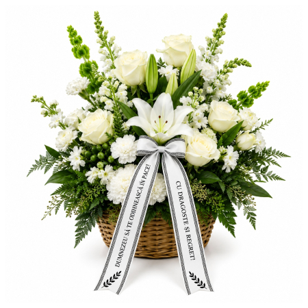 Coș Funerar Pure White cu Trandafiri și Crini Albi – Iași [4]