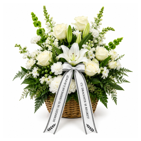 Coș Funerar Pure White cu Trandafiri și Crini Albi – Iași [3]