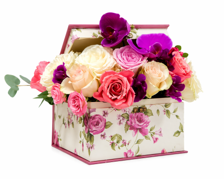 Cutii cu flori - Cutie pătrată trandafiri și orhidee Iași – aranjament floral elegant
