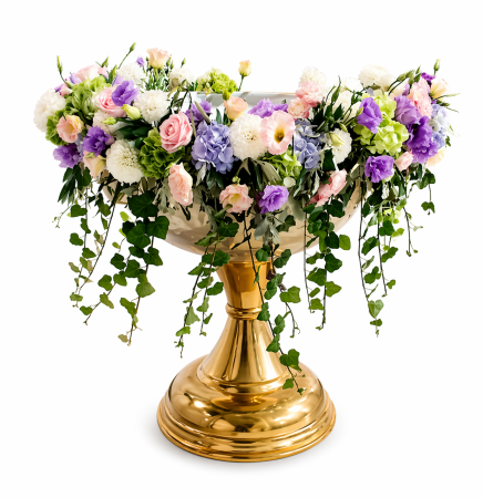 Botez - decor cristelniță botez premium Iași cu hortensii, eustoma și trandafiri