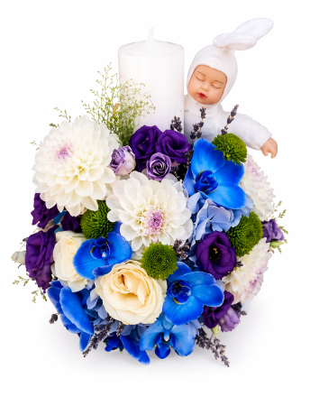 Lumanari botez - lumanare-botez-baietel-iasi-flori-albastre-mov-orhidee-premium