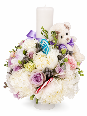 Lumanari botez - lumanare-botez-fetita-iasi-acadele-ursulet-flori-naturale-premium